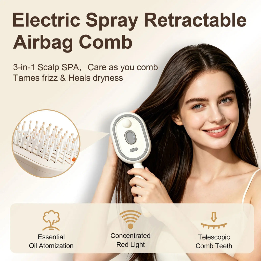 Electric Spray Air Cushion Massage Comb | Self-Cleaning Anti-Tangle | Essential Oil Mist Hair Care Comb | Anti-Static Volumizing Aromatherapy Comb