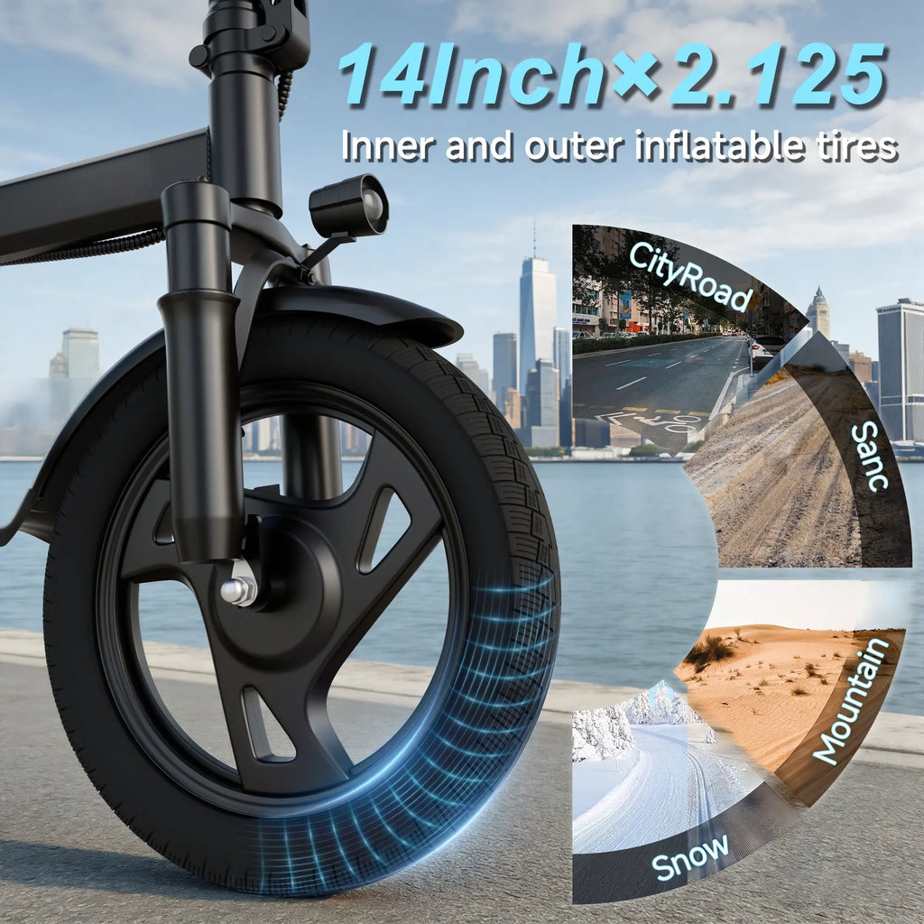 【Electric Bike】    Electric Bike | 750W Peak Power | Top Speed 22 MPH | 14" Pneumatic Tires | 22–40 Mile Range | Dual Seat | Single Brake Lever | Height Adjustable Seat