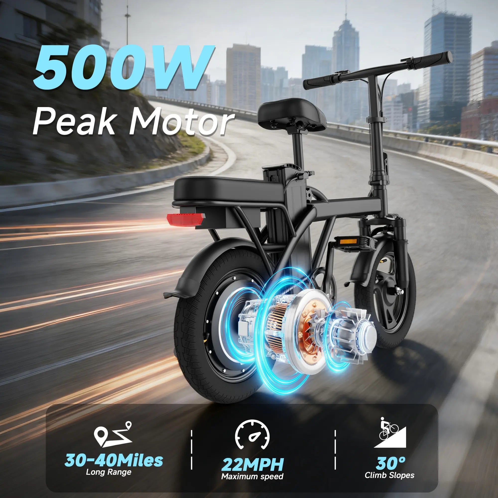 【Electric Bike】    Electric Bike | 750W Peak Power | Top Speed 22 MPH | 14" Pneumatic Tires | 22–40 Mile Range | Dual Seat | Single Brake Lever | Height Adjustable Seat