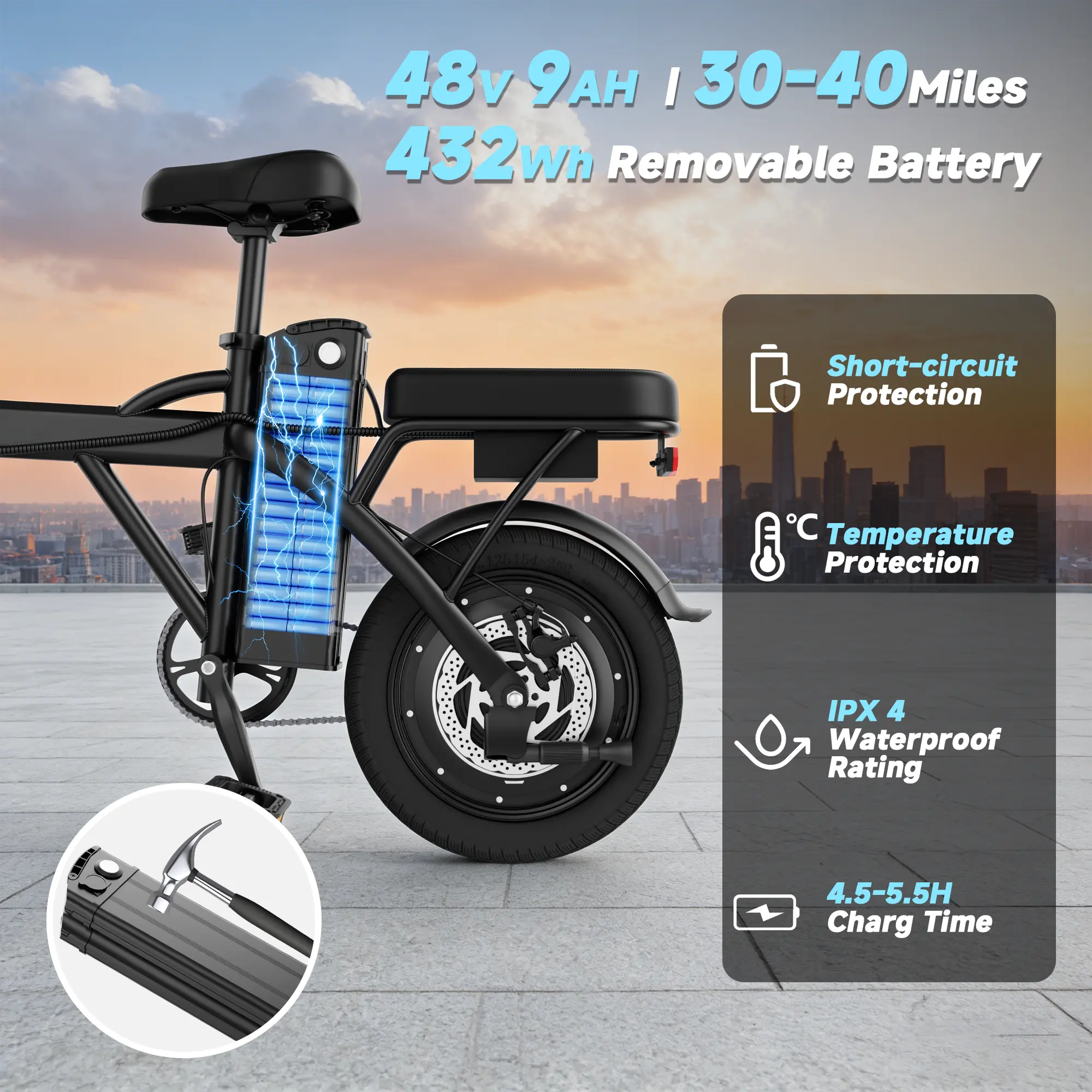 【Electric Bike】    Electric Bike | 750W Peak Power | Top Speed 22 MPH | 14" Pneumatic Tires | 22–40 Mile Range | Dual Seat | Single Brake Lever | Height Adjustable Seat