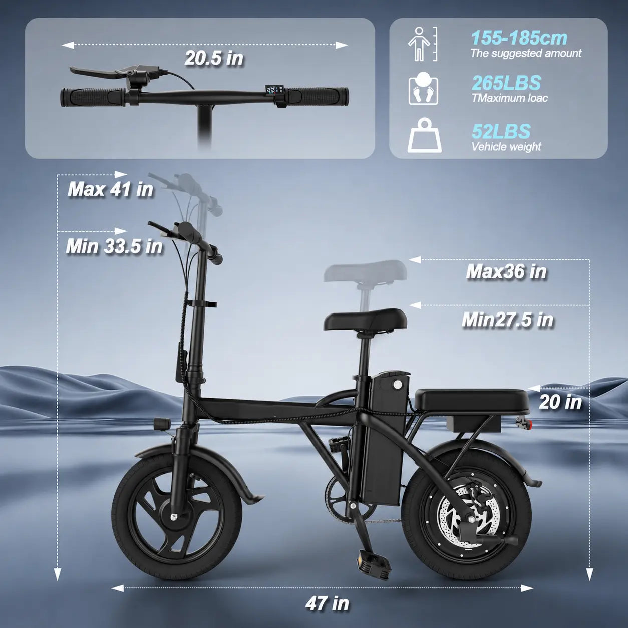 【Electric Bike】    Electric Bike | 750W Peak Power | Top Speed 22 MPH | 14" Pneumatic Tires | 22–40 Mile Range | Dual Seat | Single Brake Lever | Height Adjustable Seat