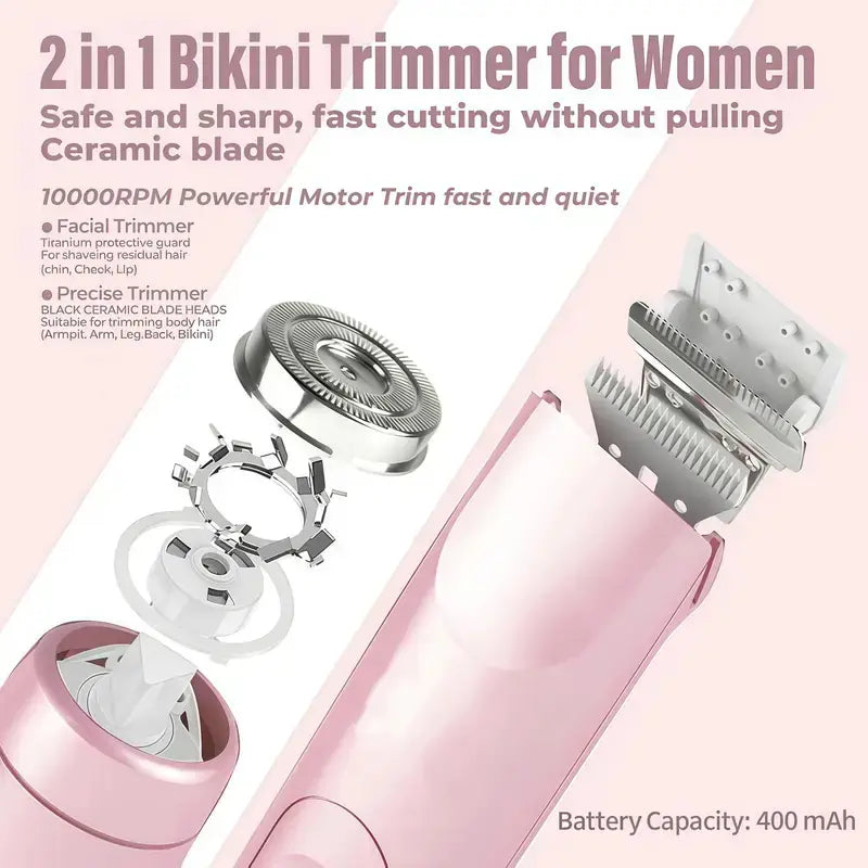 Women's Cordless 2-in-1 Electric Shaver & Trimmer - Dual-Head Titanium-Ceramic Blades, 10000RPM Motor, IPX7 Waterproof, Smooth Daily Facial & Bikini Hair Removal, Portable Gift Set with Handbag (Mother's Day Gift) Removable Steel, Beauty Products, Self Ca