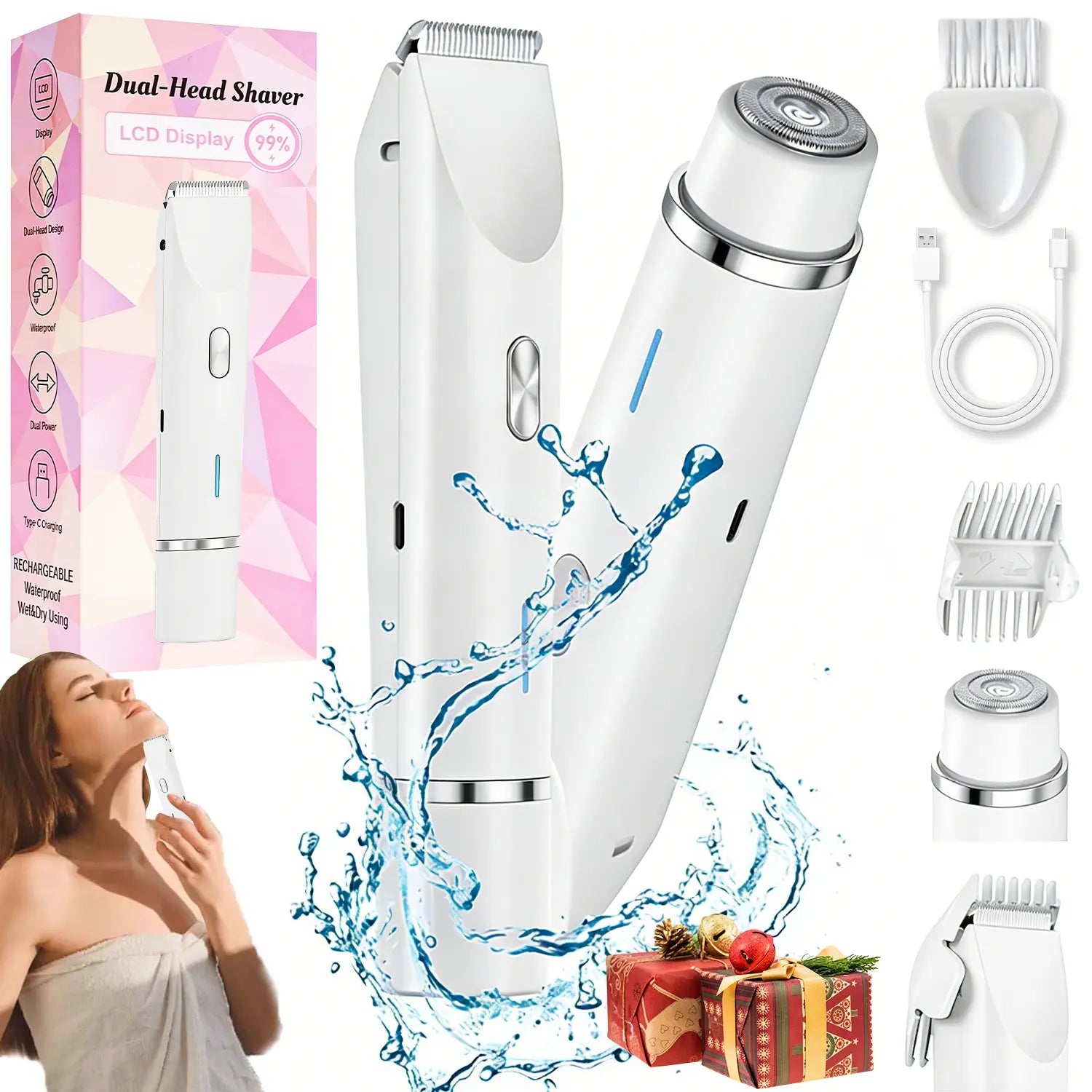 Women's Cordless 2-in-1 Electric Shaver & Trimmer - Dual-Head Titanium-Ceramic Blades, 10000RPM Motor, IPX7 Waterproof, Smooth Daily Facial & Bikini Hair Removal, Portable Gift Set with Handbag (Mother's Day Gift) Removable Steel, Beauty Products, Self Ca - Color: WHITE