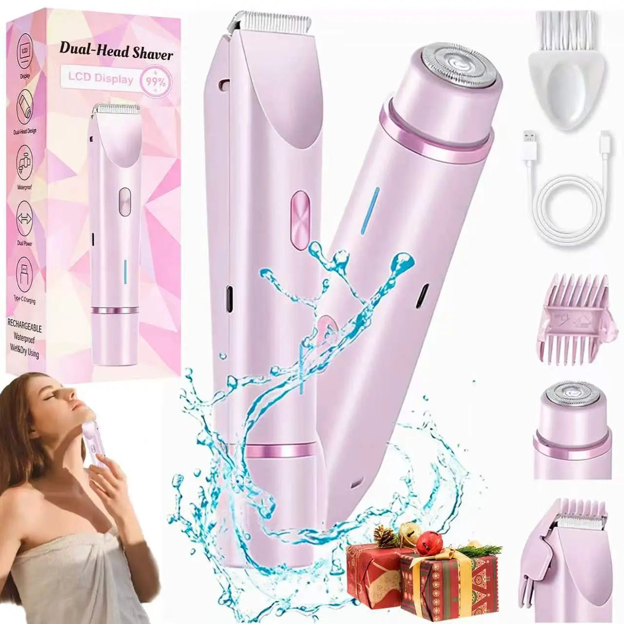 Women's Cordless 2-in-1 Electric Shaver & Trimmer - Dual-Head Titanium-Ceramic Blades, 10000RPM Motor, IPX7 Waterproof, Smooth Daily Facial & Bikini Hair Removal, Portable Gift Set with Handbag (Mother's Day Gift) Removable Steel, Beauty Products, Self Ca - Color: PURPLE
