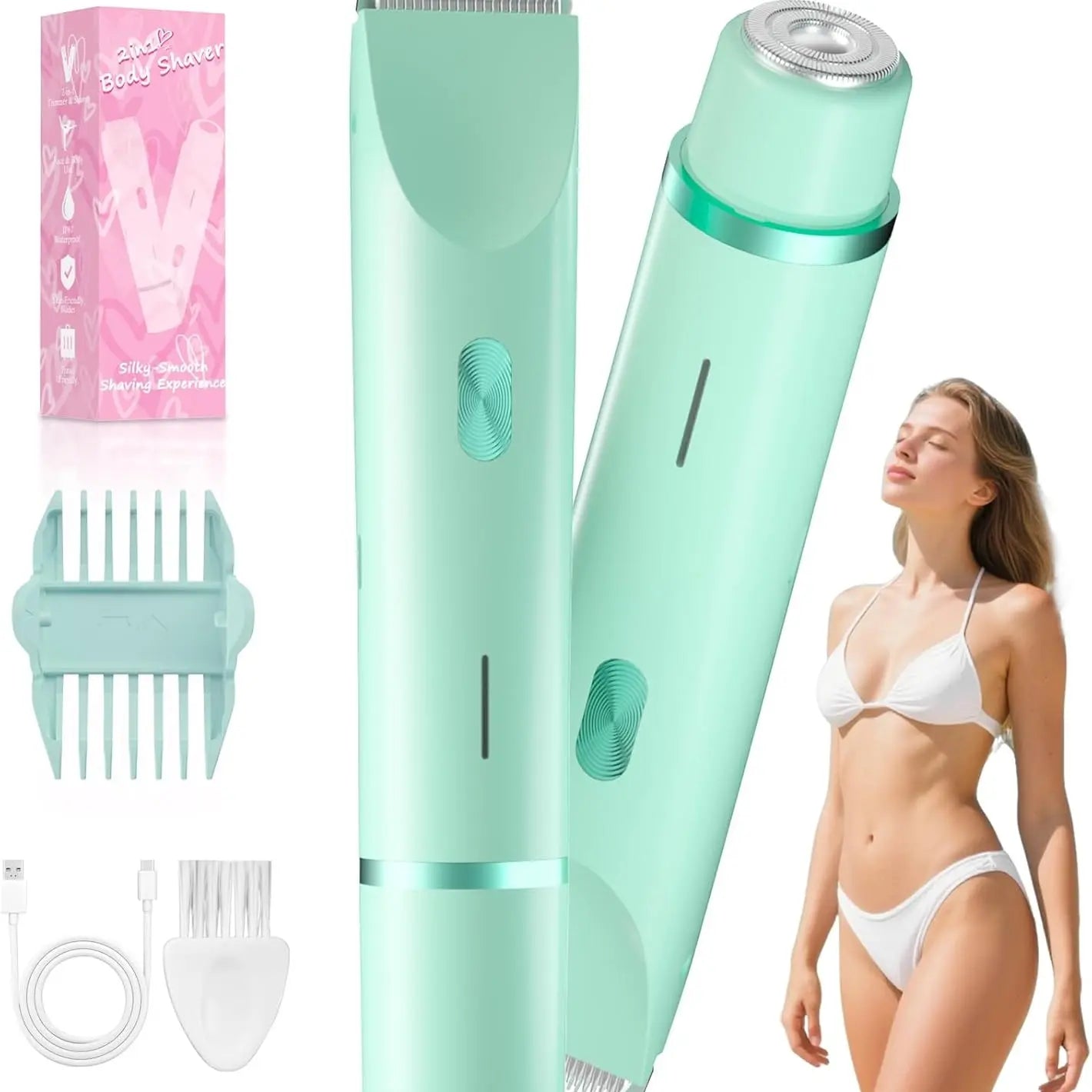 Women's Cordless 2-in-1 Electric Shaver & Trimmer - Dual-Head Titanium-Ceramic Blades, 10000RPM Motor, IPX7 Waterproof, Smooth Daily Facial & Bikini Hair Removal, Portable Gift Set with Handbag (Mother's Day Gift) Removable Steel, Beauty Products, Self Ca - Color: GREEN