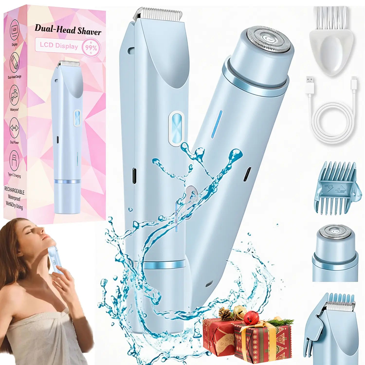 Women's Cordless 2-in-1 Electric Shaver & Trimmer - Dual-Head Titanium-Ceramic Blades, 10000RPM Motor, IPX7 Waterproof, Smooth Daily Facial & Bikini Hair Removal, Portable Gift Set with Handbag (Mother's Day Gift) Removable Steel, Beauty Products, Self Ca - Color: BLUE